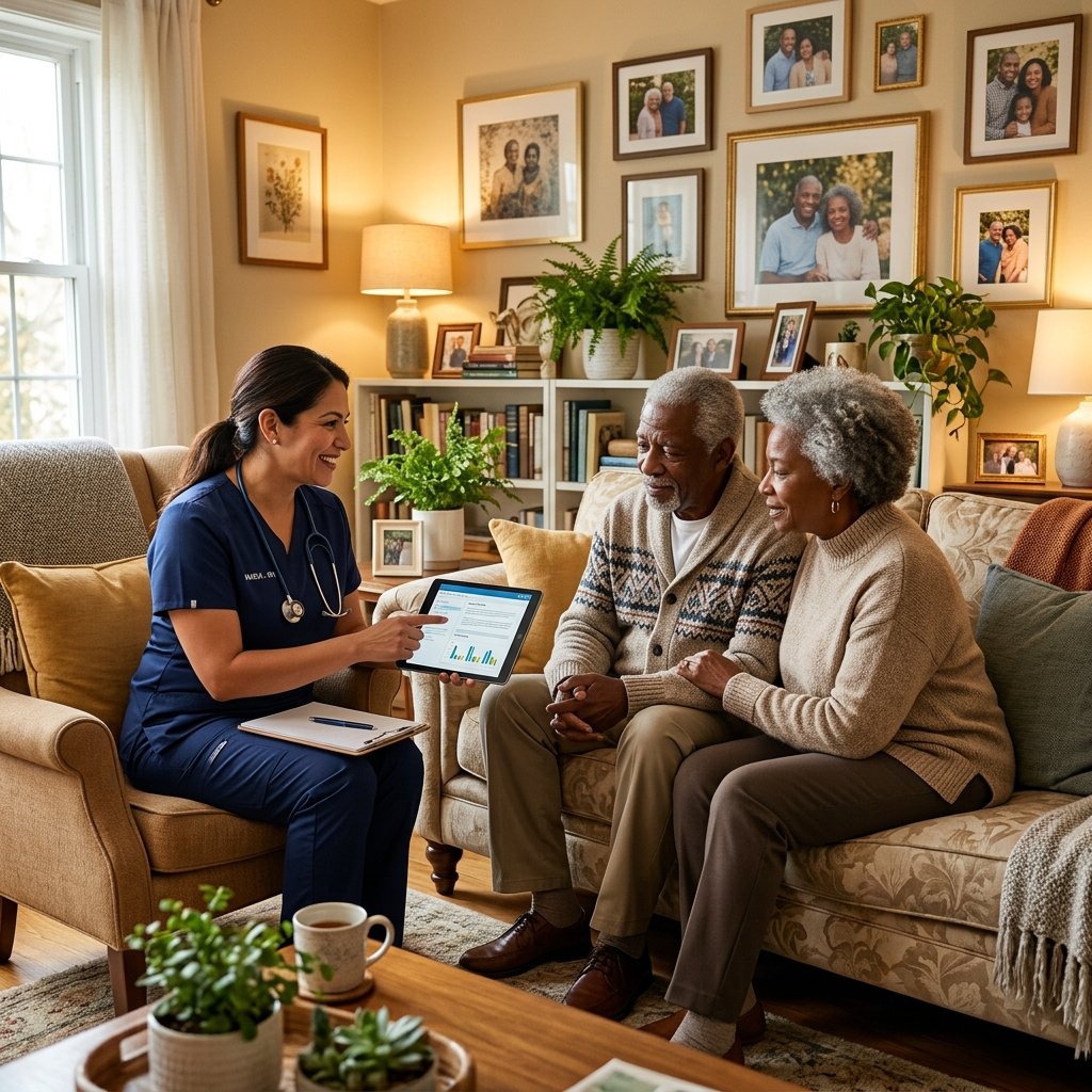 Female nurse conducting home care assessment with senior couple