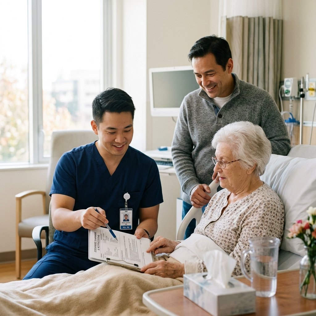Male nurse helping an elderly woman with hospital discharge paperwork