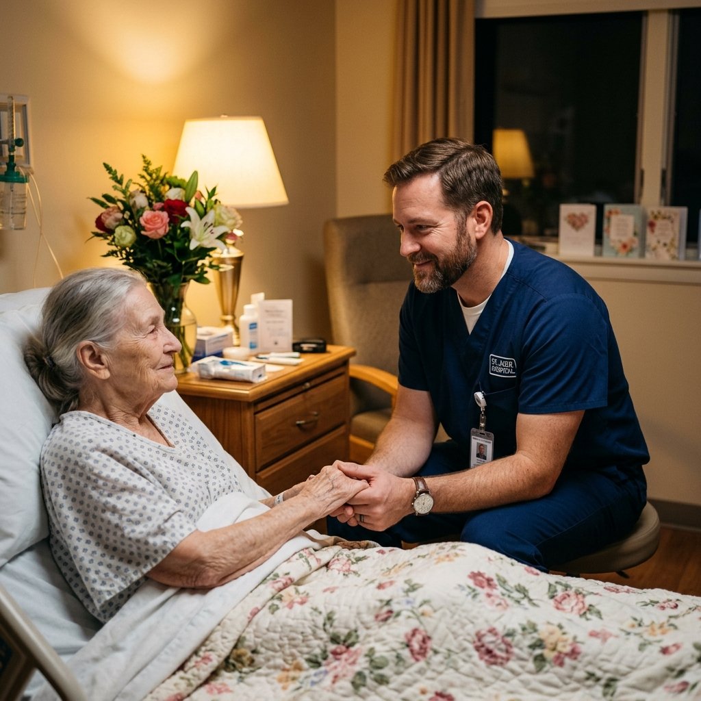 Compassionate male nurse providing comfort to elderly patient